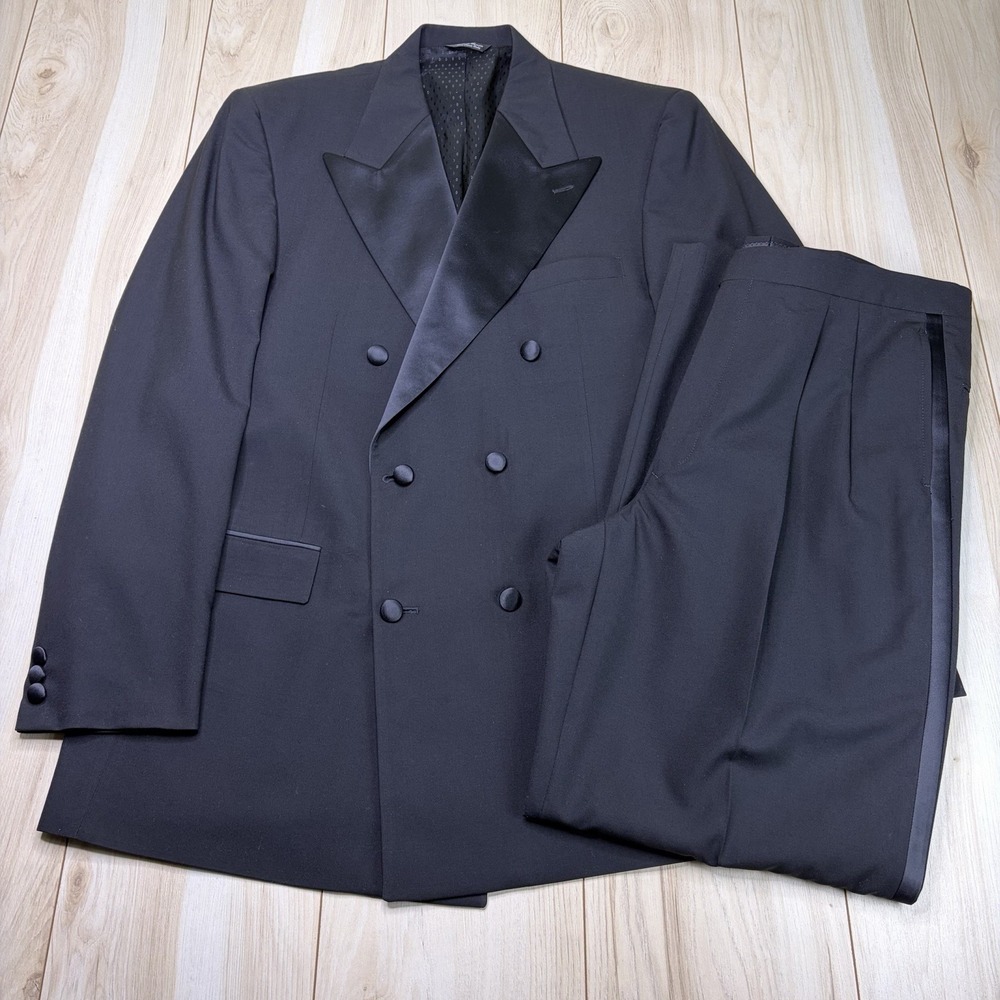 Bill Blass EVENINGWEAR Double Breasted Tuxedo Wool Suit Mens Sz 43L 37x33 Black